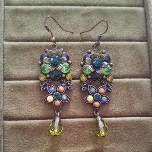 Elegant Floral Drop Earrings with Green Accents
